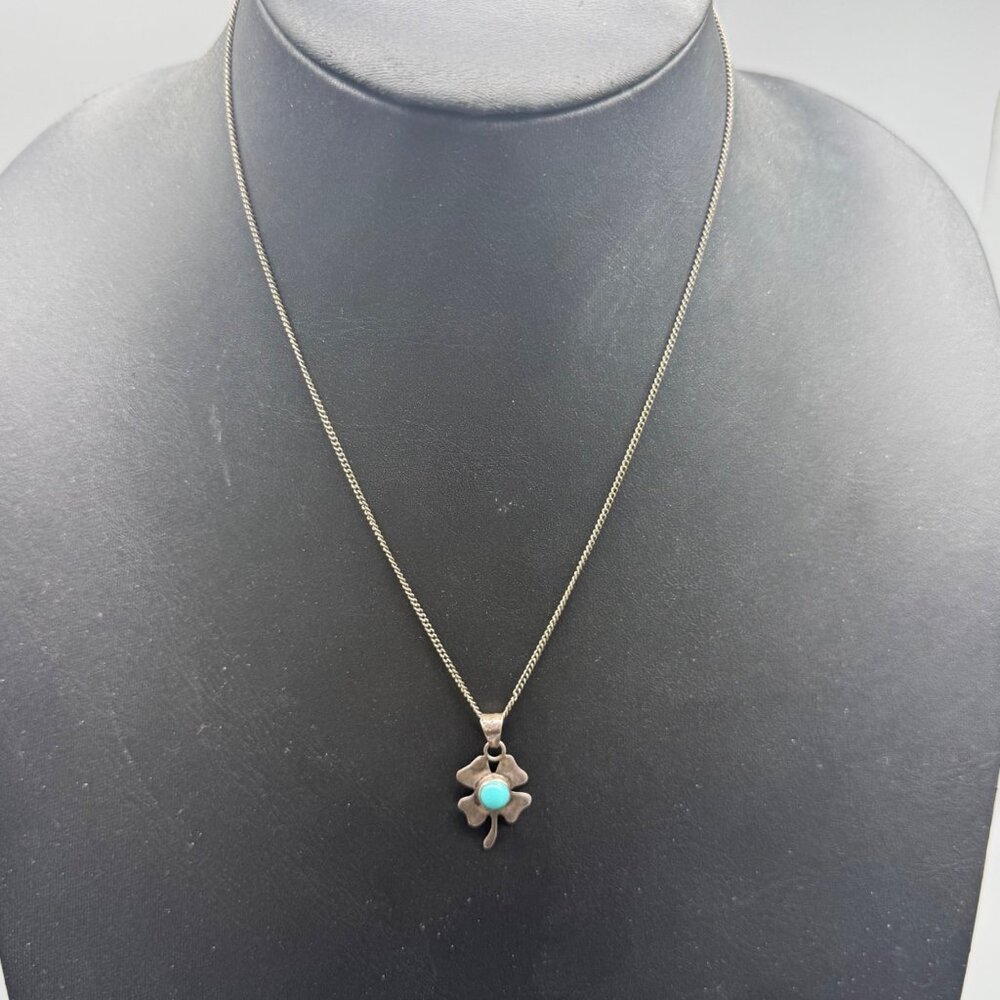 Vintage Necklace Clover Turquoise Color Stone Sterling Silver 17.5 inches